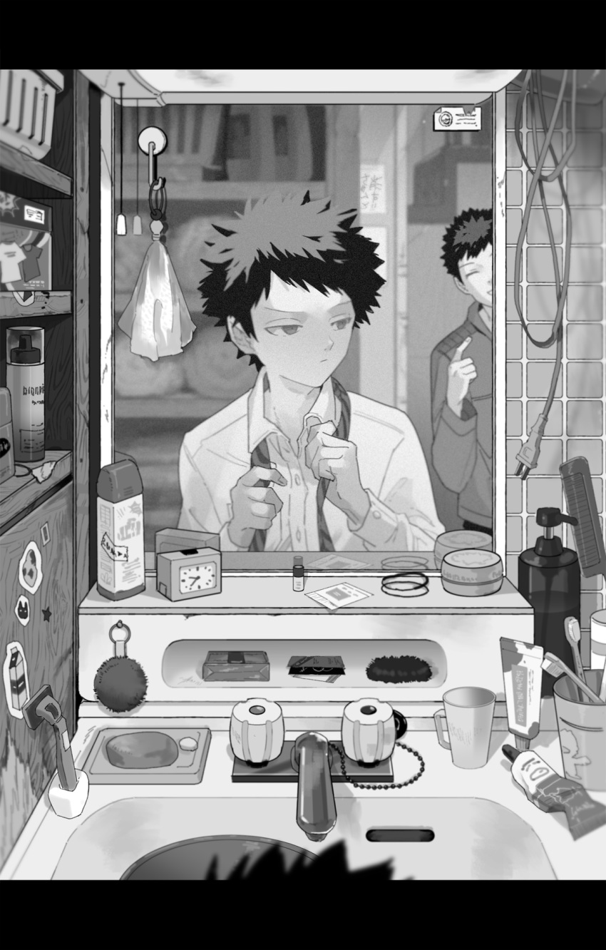 2boys ^_^ aged_down alarm_clock bathroom blurry brothers cable clock closed_eyes collared_shirt comb cup depth_of_field dress_shirt facing_viewer faucet greyscale hands_up highres kazama_shin_(world_trigger) kazama_souya kzmsnmjkk letterboxed long_sleeves looking_to_the_side male_focus mirror monochrome multiple_boys out_of_frame plug rag razor reflection reflection_focus shampoo_bottle shelf shirt siblings sink soap solo_focus spiky_hair spray_can sticker tile_wall tiles toothbrush toothpaste tying_necktie world_trigger