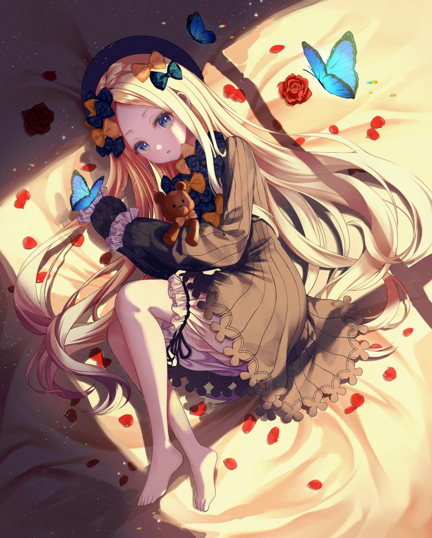 1girl abigail_williams_(fate) absurdres barefoot black_bow black_dress black_headwear blonde_hair bloomers blue_butterfly blue_eyes bow bug butterfly dress expressionless fate/grand_order fate_(series) hair_bow highres holding holding_stuffed_toy knees_up light long_hair looking_at_viewer lying multiple_hair_bows on_side orange_bow parted_bangs parted_lips petals polka_dot polka_dot_bow shade sleeves_past_fingers sleeves_past_wrists stuffed_animal stuffed_toy syae teddy_bear underwear white_bloomers window_shade
