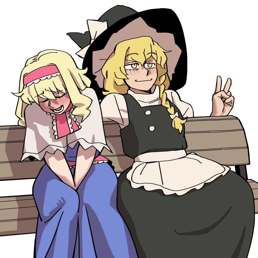 2girls absurdres alice_margatroid apron bench between_legs black_headwear blonde_hair blue_dress blush bow braid capelet closed_eyes closed_mouth commentary dress eddybird55555 hairband hand_between_legs hat hat_bow highres kirisame_marisa long_hair multiple_girls red_hairband side_braid simple_background single_braid sitting touhou v waist_apron white_apron white_background white_bow white_capelet witch_hat yellow_eyes yuri