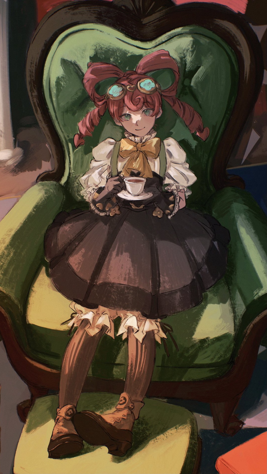 0229661 1girl ace_attorney aqua_eyes armchair boots bow bow-shaped_hair brown_footwear brown_gloves bubble_skirt chair collar cup dress drill_hair frilled_collar frilled_gloves frilled_sleeves frills full_body gloves goggles goggles_on_head hair_rings highres holding holding_cup indoors iris_wilson long_hair looking_at_viewer on_chair pink_hair puffy_sleeves shirt sitting skirt smile solo strapless strapless_dress teacup the_great_ace_attorney twintails white_shirt yellow_bow