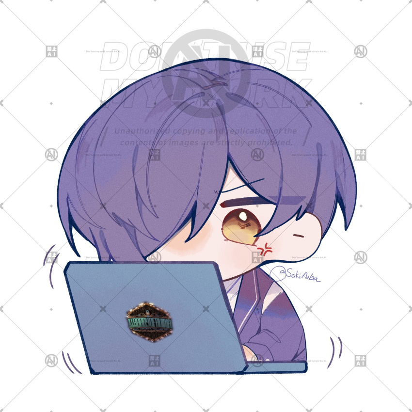 1boy anger_vein chibi coat computer highres laptop library_of_ruina long_sleeves project_moon purple_coat purple_hair sakiaoba simple_background solo typing white_background yellow_eyes yesod_(project_moon)
