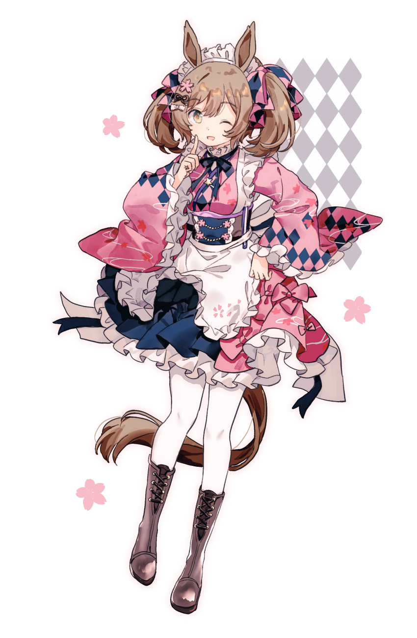 1girl absurdres alternate_costume animal_ears apron boots brown_eyes brown_footwear brown_hair commentary_request enmaided frilled_apron frilled_kimono frills full_body highres horse_ears horse_girl horse_tail japanese_clothes kimono long_sleeves maid maid_apron maid_headdress medium_hair migolu one_eye_closed open_mouth pantyhose pink_kimono pointing pointing_at_self smart_falcon_(umamusume) smile solo tail transparent_background twintails umamusume unconventional_maid white_pantyhose