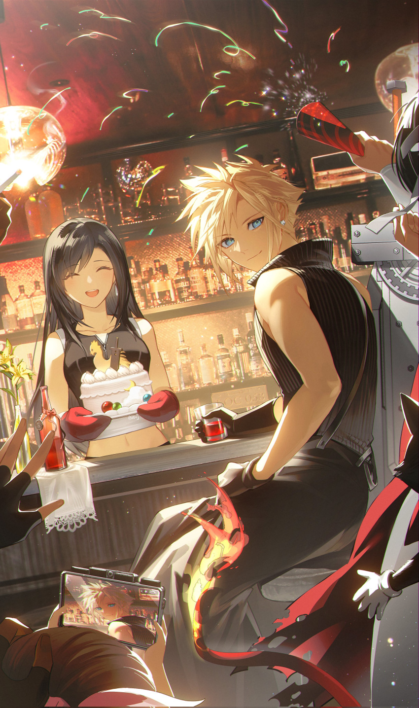1other 3girls 5boys absurdres alcohol apron bar_(place) bare_shoulders barret_wallace birthday_cake black_apron black_gloves black_hair black_vest blonde_hair blue_eyes bottle breasts brown_hair buster_sword cait_sith_(ff7) cake camera cape cat chocolate cid_highwind cigarette closed_eyes closed_mouth cloud_strife collarbone commentary confetti counter crop_top cup drinking_glass duoj_ji earrings final_fantasy final_fantasy_vii final_fantasy_vii_advent_children fingerless_gloves flame-tipped_tail flower food fusion_swords gloves hair_ribbon hand_on_another's_head happy happy_birthday headband high_collar highres holding holding_camera holding_cigarette holding_cup holding_plate indoors jewelry large_breasts long_hair looking_at_viewer marlene_wallace materia midriff_peek multiple_boys multiple_girls navel open_mouth out_of_frame oven_mitts party_popper pink_ribbon plate red_cape ribbon shirt short_hair single_earring sitting sleeveless sleeveless_shirt smile spiky_hair stool stud_earrings swept_bangs symbol-only_commentary tank_top teardrop_earring teeth tifa_lockhart torn_cape torn_clothes upper_teeth_only vest vincent_valentine waist_apron white_headband white_tank_top yellow_flower yuffie_kisaragi zipper