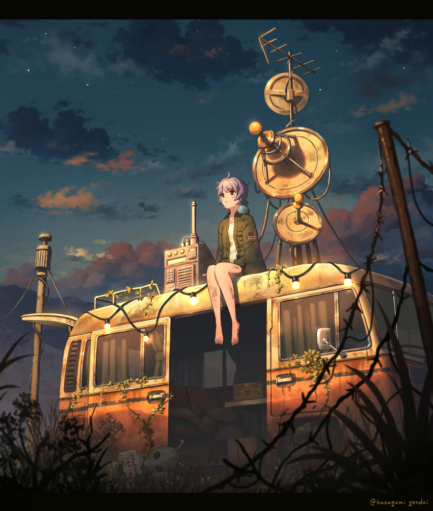1girl absurdres alien animal_on_shoulder barefoot clouds cloudy_sky commentary_request green_jacket hanagamigendai highres jacket light_bulb open_clothes open_jacket original outdoors purple_hair scenery shirt short_hair sitting sky solo star_(sky) starry_sky tagme white_shirt