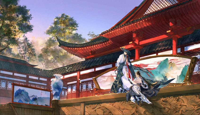 1boy 1girl androgynous architecture black_cloak black_footwear black_hair boots chinese_clothes clear_sky cloak cmpovar day east_asian_architecture engraved falling_leaves hair_bun half_updo hand_up hanfu hat highres holding holding_scroll jewelry kesa leaf long_hair long_sleeves monk on_ground outdoors painting_(object) qinghua_(porcelain) reading robe scroll single_hair_bun sky stairs standing sunlight tree vase very_long_hair white_robe wind wooden_wall yi_meng_jianghu