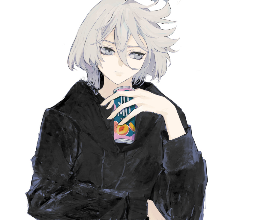 1girl absurdres black_hoodie can drawstring frown grey_eyes grey_hair gundam gundam_suisei_no_majo hair_between_eyes highres holding holding_can hood hood_down hoodie long_hair looking_to_the_side miorine_rembran she_(morianosu) solo upper_body white_background