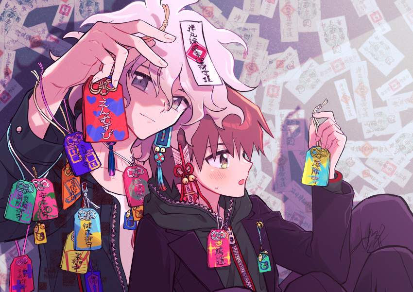 2boys :o absurdres arm_up black_jacket black_pants blush brown_eyes brown_hair charm_(object) closed_mouth collarbone danganronpa:_trigger_happy_havoc danganronpa_(series) danganronpa_2:_goodbye_despair from_side green_jacket grey_hair hand_up highres holding hood hood_down jacket komaeda_nagito male_focus messy_hair misoko_(toomuchsushi) multiple_boys naegi_makoto open_clothes open_jacket pants paper profile shirt short_hair smile spiky_hair upper_body white_shirt