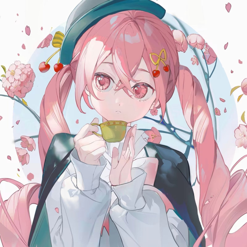 1girl branch cherry_blossoms cherry_hair_ornament cherry_hat_ornament closed_mouth cup earrings falling_petals flower flower_earrings food-themed_hair_ornament green_headwear green_jacket hair_between_eyes hair_ornament hat hatsune_miku highres holding holding_cup jacket jewelry long_hair long_sleeves neonneon321 petals pink_eyes pink_hair sakura_miku sakura_miku_(rella) shirt sidelocks simple_background single_earring solo teacup twintails upper_body vocaloid white_shirt