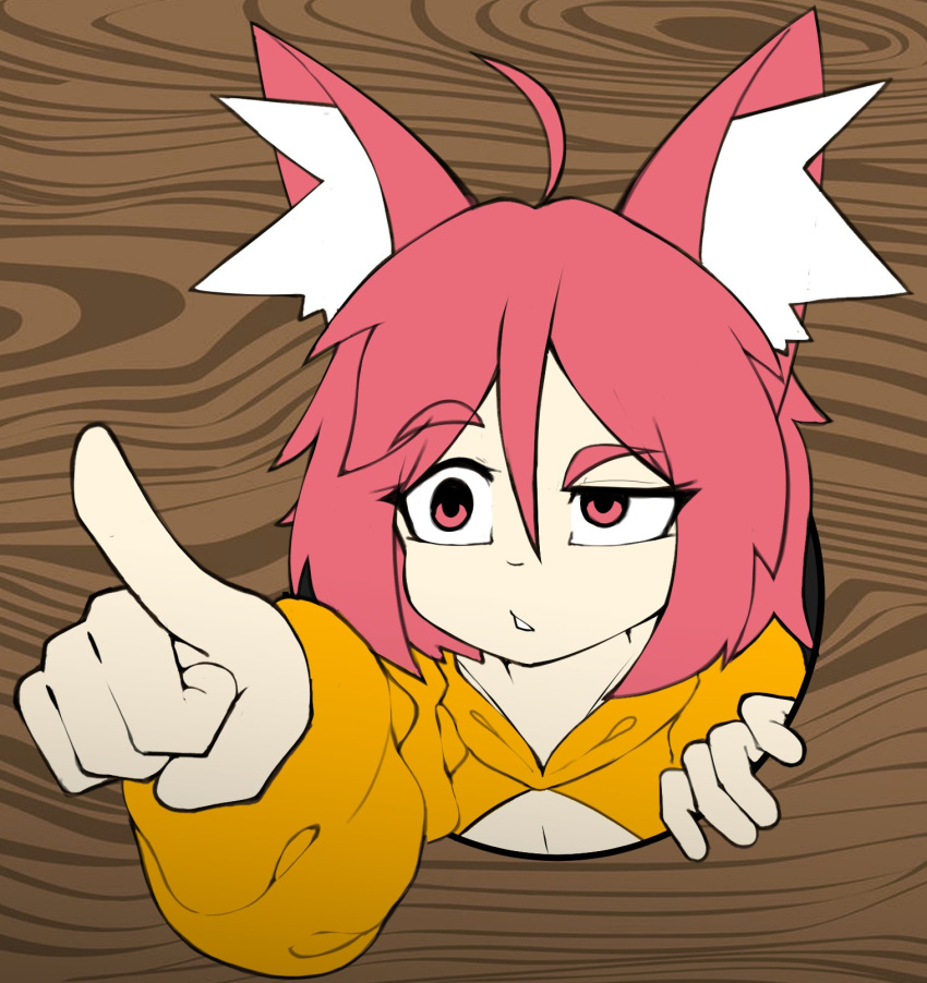 1girl ahoge animal_ear_fluff animal_ears arm_up bob_cut brown_background cat_ears cat_girl commentary english_commentary fir3born flat_color hair_between_eyes half-closed_eye highres long_sleeves meme original outstretched_arm parted_lips pointing raised_eyebrow red_eyes redhead short_hair shrug_(clothing) sidelocks solo through_wall uneven_eyes you_higher_mammal_(meme)