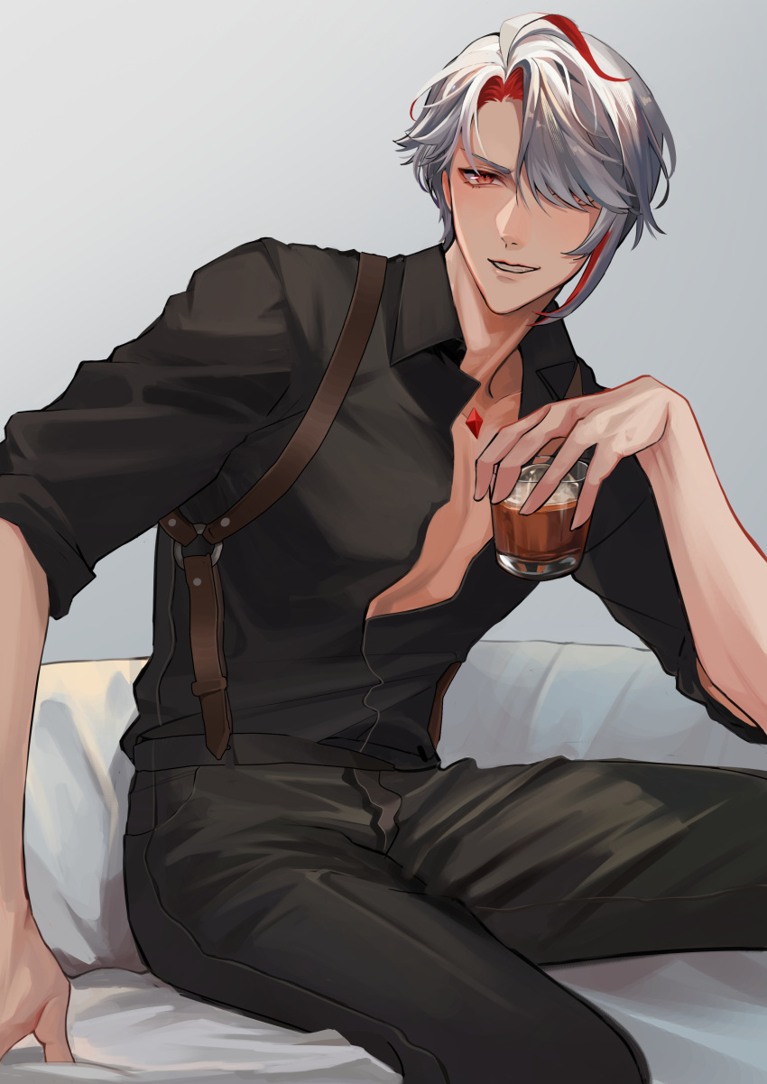 1boy absurdres ahoge alcohol alhaitham_(genshin_impact) black_pants black_shirt chest_jewel collarbone collared_shirt commentary_request cup dress_shirt drink gem genshin_impact grey_background grey_hair grin hair_over_one_eye hand_up highres holding holding_cup looking_at_viewer male_focus moontea_bunny multicolored_hair one_eye_covered open_clothes open_shirt pants parted_bangs pectoral_cleavage pectorals red_eyes red_gemstone redhead shirt short_hair simple_background sitting sleeves_rolled_up smile solo streaked_hair swept_bangs teeth tumbler_glass v-shaped_eyebrows wing_collar
