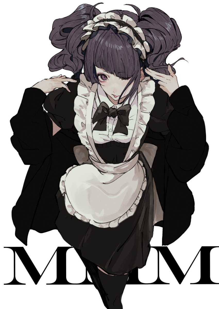1girl alternate_costume apron asyde black_bow black_bowtie bow bowtie diagonal_bangs enmaided eyelashes frilled_apron frilled_headwear frills highres idolmaster idolmaster_shiny_colors long_hair long_sleeves looking_at_viewer maid maid_apron maid_headdress purple_hair solo tanaka_mamimi tongue tongue_out twintails violet_eyes white_background