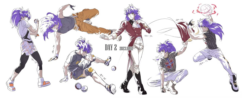 1boy alternate_costume ascot ball black_footwear black_leggings boots buttons commentary_request dated gloves hand_up highres hokoridrb holding holding_ball jacket knee_pads leggings leon_(pokemon) long_hair male_focus multiple_views orange_pants pants pokemon pokemon_(game) pokemon_swsh purple_hair red_jacket sash shirt shoes short_sleeves shorts tailcoat white_ascot white_background white_pants