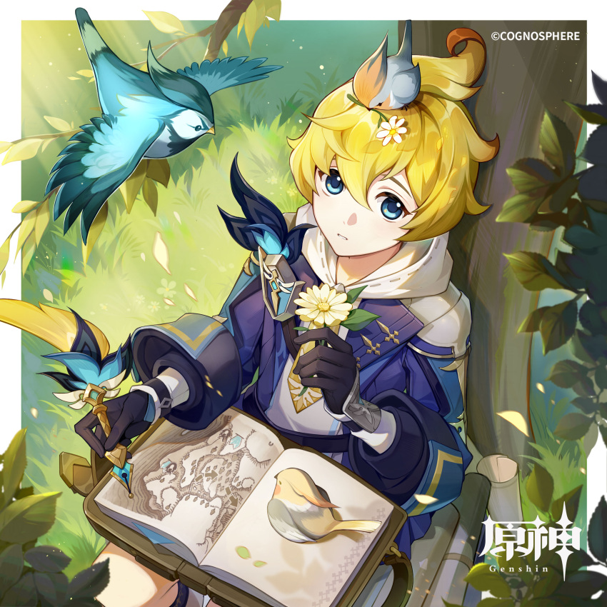 1boy absurdres animal animal_on_head bird bird_on_head black_gloves blonde_hair book copyright_name cowlick flower genshin_impact gloves grass hair_between_eyes highres holding holding_flower logo long_sleeves looking_at_viewer looking_back male_focus mika_(genshin_impact) official_art on_head open_book outdoors sitting tree upper_body writing
