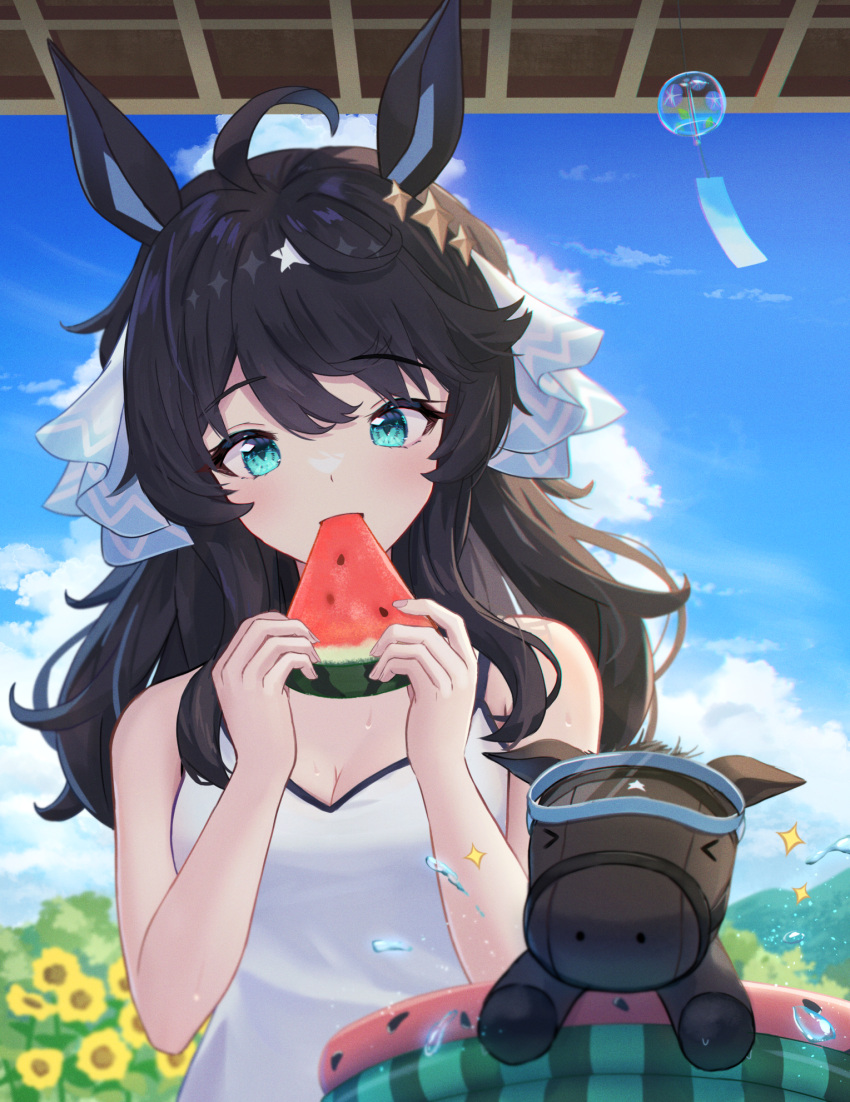 1girl ahoge alternate_costume bare_shoulders black_hair blue_eyes blue_sky blush breasts casual clouds cloudy_sky commentary_request creature_and_personification daring_tact_(racehorse) daring_tact_(umamusume) dress eating food fruit hair_between_eyes hair_ornament highres holding holding_food holding_fruit horse horse_girl kashmir_0808 long_hair looking_at_viewer medium_breasts multicolored_hair outdoors shirt sky streaked_hair stuffed_animal stuffed_toy umamusume water watermelon watermelon_slice white_dress white_hair wind_chime