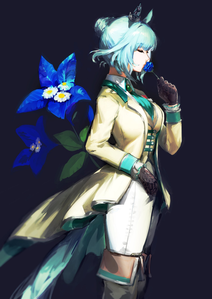 1girl animal_ears black_background black_gloves blue_flower blue_hair blue_rose boots breasts brooch closed_eyes closed_mouth collared_shirt feet_out_of_frame flower from_side gloves hair_bun hand_up highres holding holding_flower horse_ears jacket jewelry long_sleeves mejiro_ardan_(neige_emeraude)_(umamusume) mejiro_ardan_(umamusume) open_clothes open_jacket otimusyairoha pants rose shirt short_hair simple_background small_breasts smelling_flower solo standing thigh_boots umamusume vest white_footwear white_pants white_shirt yellow_jacket
