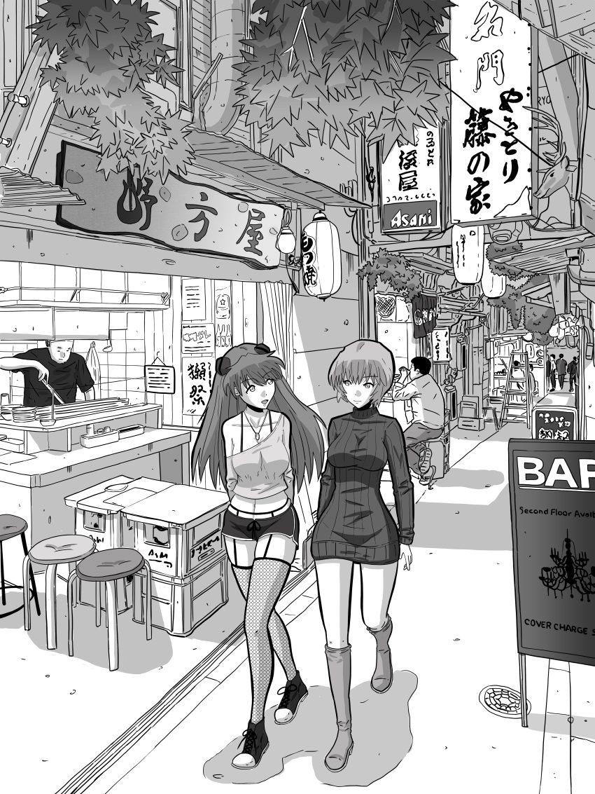 2girls absurdres ayanami_rei blue_hair breasts city cityscape highres josep_moore large_breasts miniskirt monochrome multiple_girls neon_genesis_evangelion night non-web_source redhead road skirt souryuu_asuka_langley street thigh-highs thighs