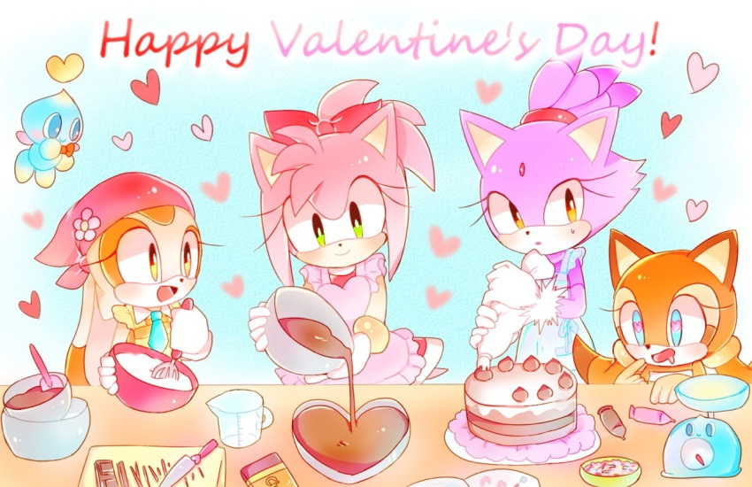 4girls amy_rose blaze_the_cat blue_eyes blush brown_eyes brown_fur cake candy cat_girl cheese_(sonic) chocolate cooking cream_the_rabbit drooling eyelashes flowermomo2 food forehead_jewel fur-trimmed_gloves fur_trim gloves green_eyes heart heart-shaped_chocolate marine_the_raccoon multiple_girls open_mouth pastry pink_fur ponytail purple_fur rabbit_girl raccoon_girl ribbon saliva smile sonic_(series) valentine yellow_eyes