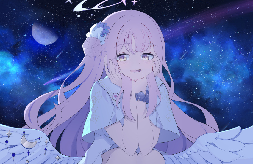 1girl absurdres angel_wings blue_archive capelet commentary dress elbow_on_knee feathered_wings flower hair_bun hair_flower hair_ornament halo hands_on_own_chin head_rest highres long_hair looking_at_viewer low_wings mika_(blue_archive) naseul_777 open_mouth pink_hair pink_halo planet purple_flower scrunchie shooting_star single_hair_bun sitting smile solo space squatting white_capelet white_dress white_wings wing_ornament wings wrist_scrunchie yellow_eyes