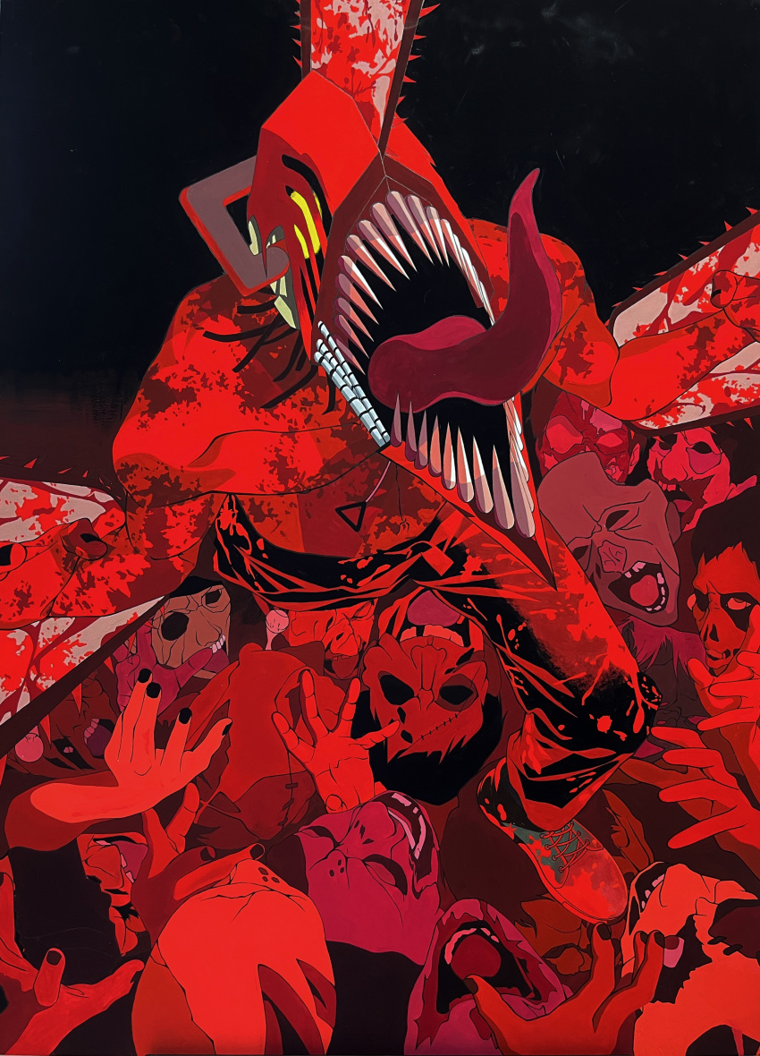 absurdres acf_creator acrylic_paint_(medium) black_pants blood blood_on_clothes blood_on_face blood_on_weapon blood_splatter chainsaw chainsaw_devil chainsaw_man denji_(chainsaw_man) highres male_focus monster_boy multiple_boys no_eyes open_mouth painting_(medium) pants sharp_teeth shirt shirt_tucked_in teeth traditional_media weapon
