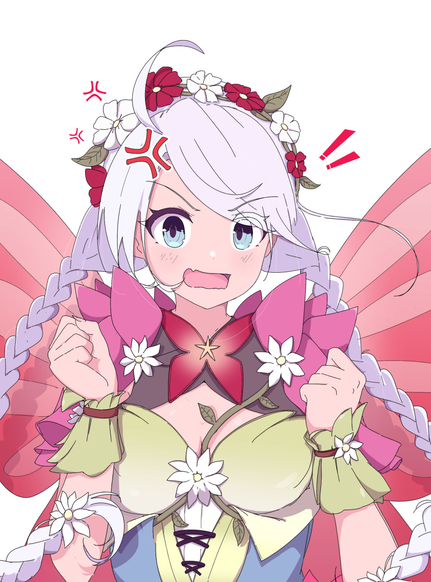 1girl absurdres ahoge anger_vein blue_eyes braid breasts clenched_hands commission commissioner_upload fire_emblem fire_emblem_heroes flower hair_flower hair_ornament hairband highres long_hair looking_at_viewer low_twin_braids medium_breasts nina_(fire_emblem) nina_(resplendent)_(fire_emblem) non-web_source official_alternate_costume open_mouth red_flower saaleyn solo swept_bangs transparent_background twin_braids white_flower