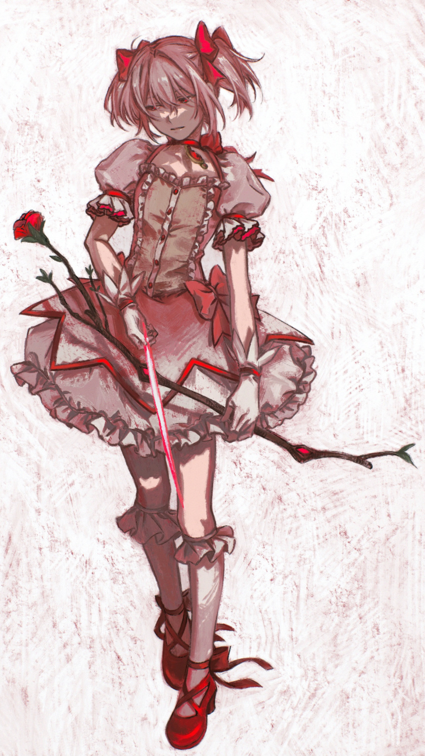 0229661 1girl absurdres arrow_(projectile) bow bow_(weapon) bow_choker bubble_skirt choker dress flower footwear_bow frilled_skirt frilled_socks frills full_body gloves glowing hair_bow half-closed_eyes highres holding holding_bow_(weapon) holding_weapon kaname_madoka kneehighs looking_to_the_side magical_girl mahou_shoujo_madoka_magica petticoat pink_dress pink_eyes pink_hair puffy_short_sleeves puffy_sleeves red_bow red_choker red_flower red_footwear red_rose rose short_dress short_hair short_sleeves short_twintails skirt socks solo standing twintails weapon white_background white_gloves white_sleeves white_socks