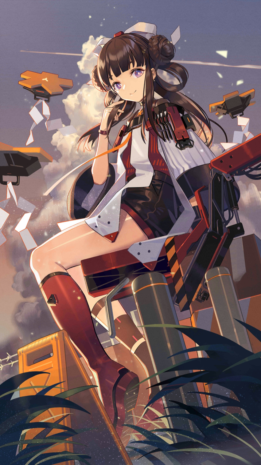 1girl black_hair black_skirt blue_sky boots bow braid braided_bun closed_mouth clouds contrail double_bun dutch_angle from_below from_side full_body girl_cafe_gun grass hair_bow hair_bun hair_rings hand_in_own_hair hand_up highres jacket kikuri_yuki knee_boots long_hair looking_at_viewer machinery miniskirt official_art red_footwear red_shirt shirt shirt_tucked_in sitting skirt sky smile solo turning_head violet_eyes white_bow white_jacket white_sleeves wide_sleeves