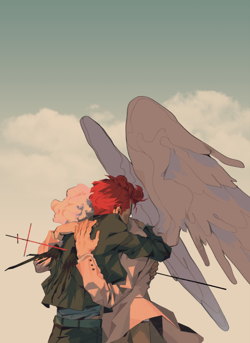 2boys angel angel_wings aziraphale_(good_omens) belt black_pants black_suit black_wings brown_pants clouds cloudy_sky crowley_(good_omens) demon demon_boy demon_wings english_commentary feathered_wings good_omens highres hug multiple_boys pants redhead sky suit white_hair white_suit white_wings wings wr0wn