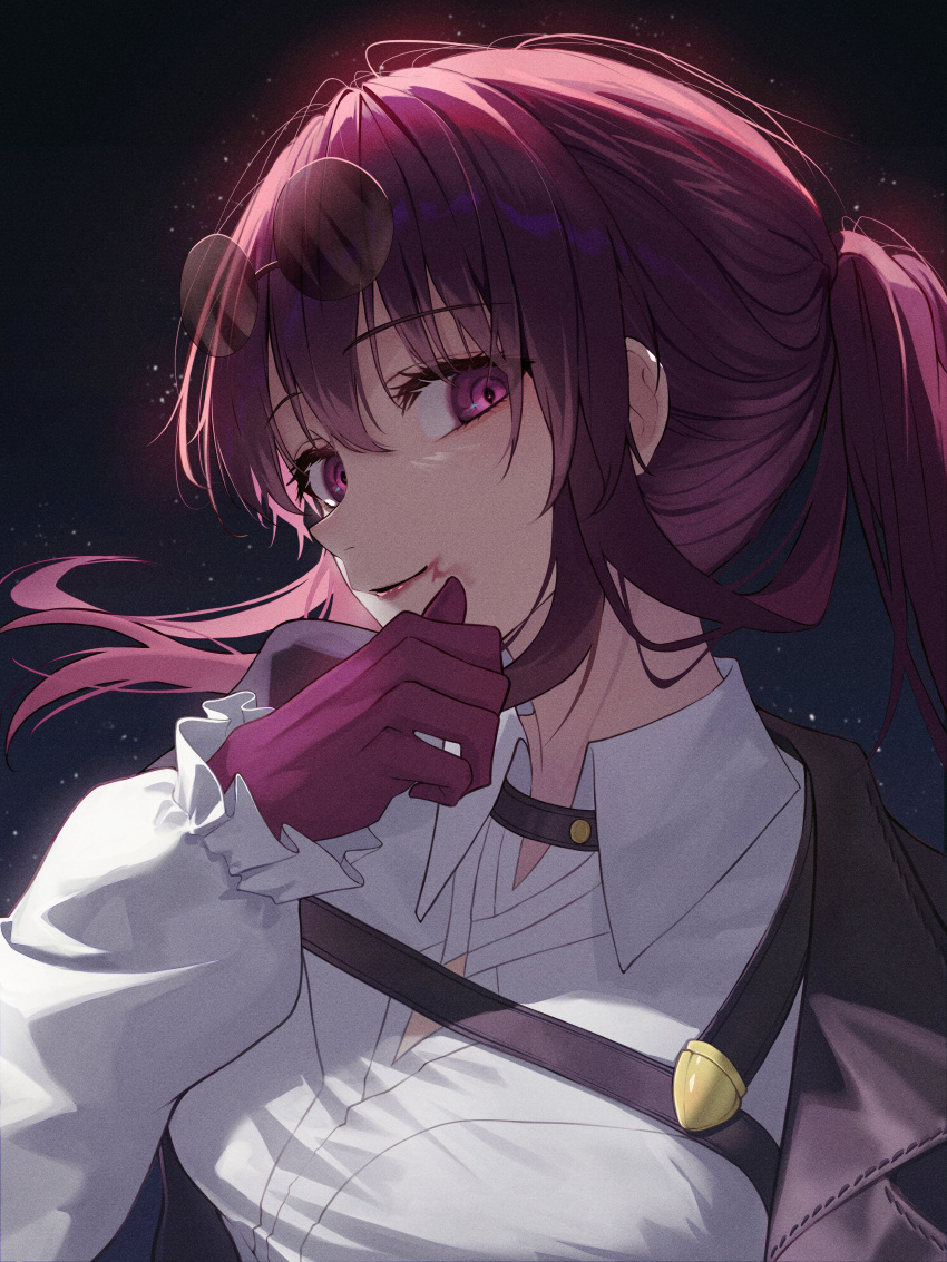 1girl absurdres black_jacket breasts chest_harness closed_mouth english_commentary eyewear_on_head gloves hair_between_eyes harness highres honkai:_star_rail honkai_(series) jacket kafka_(honkai:_star_rail) large_breasts lipstick long_hair long_sleeves looking_at_viewer makeup moonlight night night_sky outdoors ponytail purple-tinted_eyewear purple_gloves purple_hair purple_lips seehyun1031 shirt sidelocks sky smile solo star_(sky) sunglasses tinted_eyewear upper_body violet_eyes white_shirt