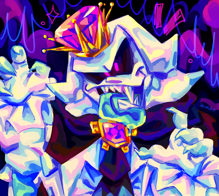 1boy absurdres blue_tongue claw_pose claws colored_skin colored_tongue crown endsart ghost highres humanization jewelry king_boo looking_at_viewer luigi's_mansion male_focus purple_brooch sharp_teeth signature super_mario_bros. teeth tongue tongue_out violet_eyes white_skin