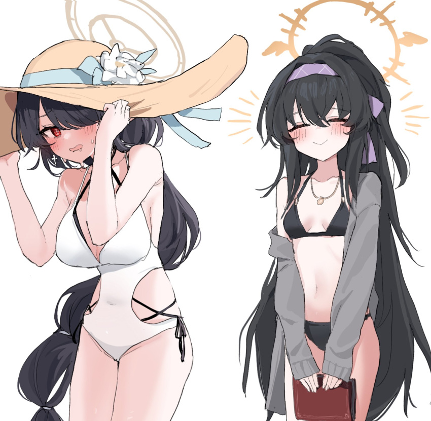 bikini black_bikini black_hair blue_archive blush body_switch breasts danbal hair_over_one_eye halo hat highres hinata_(blue_archive) hinata_(swimsuit)_(blue_archive) large_breasts long_hair personality_switch red_eyes simple_background small_breasts sun_hat swimsuit ui_(blue_archive) ui_(swimsuit)_(blue_archive) white_background