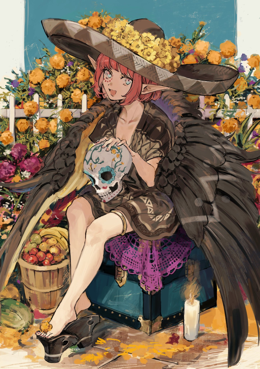 1girl apple aqua_eyes banana bare_legs basket black_footwear box brown_dress brown_headwear brown_wings calavera candle cempoalxochitl circe_(event_portrait)_(fate) circe_(fate) cobblestone collarbone dia_de_muertos doily dress facepaint fate/grand_order fate_(series) feathered_wings fence flower food fruit full_body hand_up hat hat_flower highres holding holding_skull kozukue_(estsuk) large_hat looking_at_viewer marigold nail_polish no_socks on_box open_mouth orange_flower outdoors picket_fence pink_eyes pink_hair pink_nails plant platform_footwear pointy_ears print_dress purple_flower sandals short_dress short_hair short_sleeves sitting sitting_on_box skull smile solo sombrero thighlet toenail_polish toenails triangle_print two-tone_eyes two-tone_wings wings wooden_fence yellow_flower