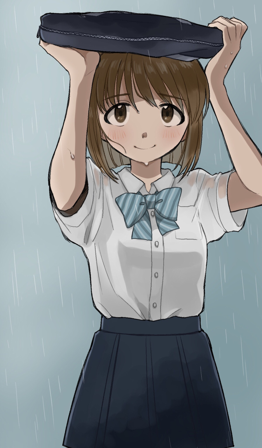 1girl arms_up bag blue_bow blue_bowtie blush bob_cut bow bowtie breasts brown_eyes brown_hair closed_mouth cowboy_shot grey_background grey_skirt hagiwara_yukiho highres holding holding_bag idolmaster idolmaster_(classic) idolmaster_million_live! idolmaster_million_live!_theater_days looking_at_viewer medium_breasts naruse_ill pleated_skirt rain school_uniform shirt short_hair short_sleeves simple_background skirt smile solo standing striped striped_bow striped_bowtie water_drop wet wet_clothes wet_shirt white_shirt
