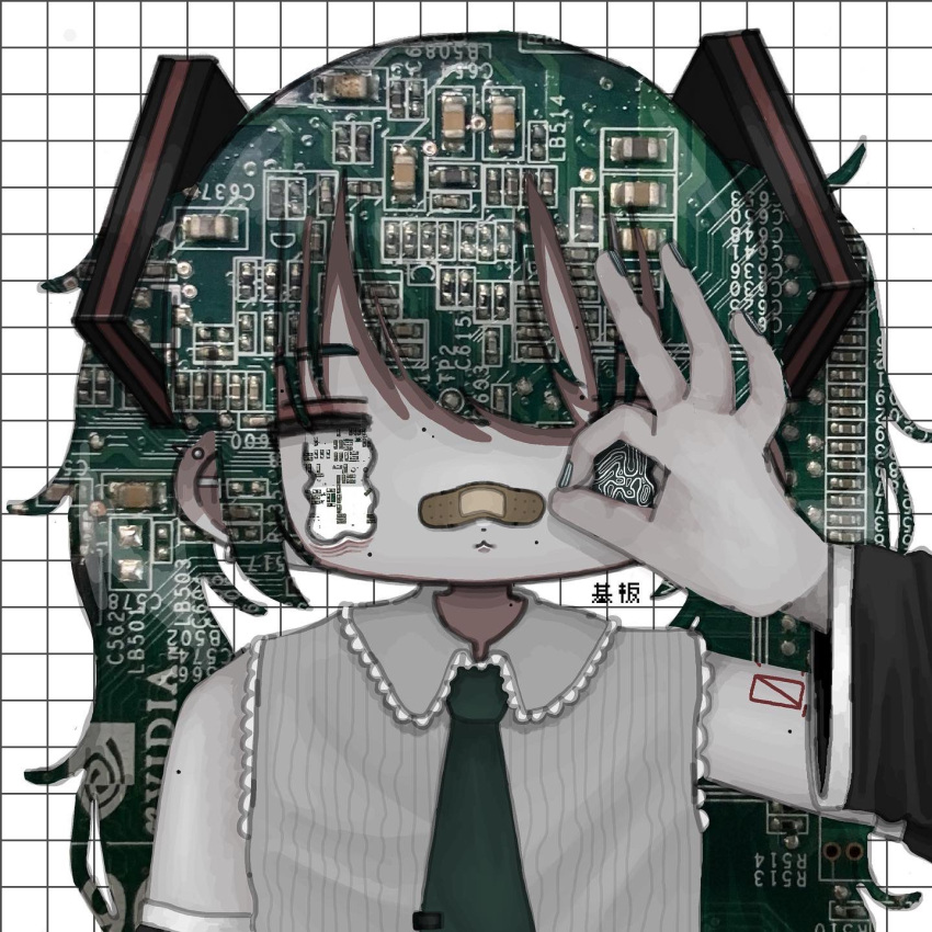 1girl :3 alternate_eye_color bags_under_eyes bandaid bandaid_on_face bandaid_on_nose black_sleeves circuit_board collared_shirt commentary detached_sleeves ear_piercing green_necktie grey_shirt grid_background hand_up hatsune_miku heterochromia highres imo_(imoknol) industrial_piercing long_hair looking_at_viewer messy_hair mole mole_under_eye mole_under_mouth necktie ok_sign ok_sign_over_eye pale_skin patterned_eyes patterned_hair piercing ribbed_shirt shirt shoulder_tattoo sleeveless sleeveless_shirt solo spiked_ear_piercing straight-on symbol-only_commentary tattoo twintails upper_body vocaloid wavy_eyes