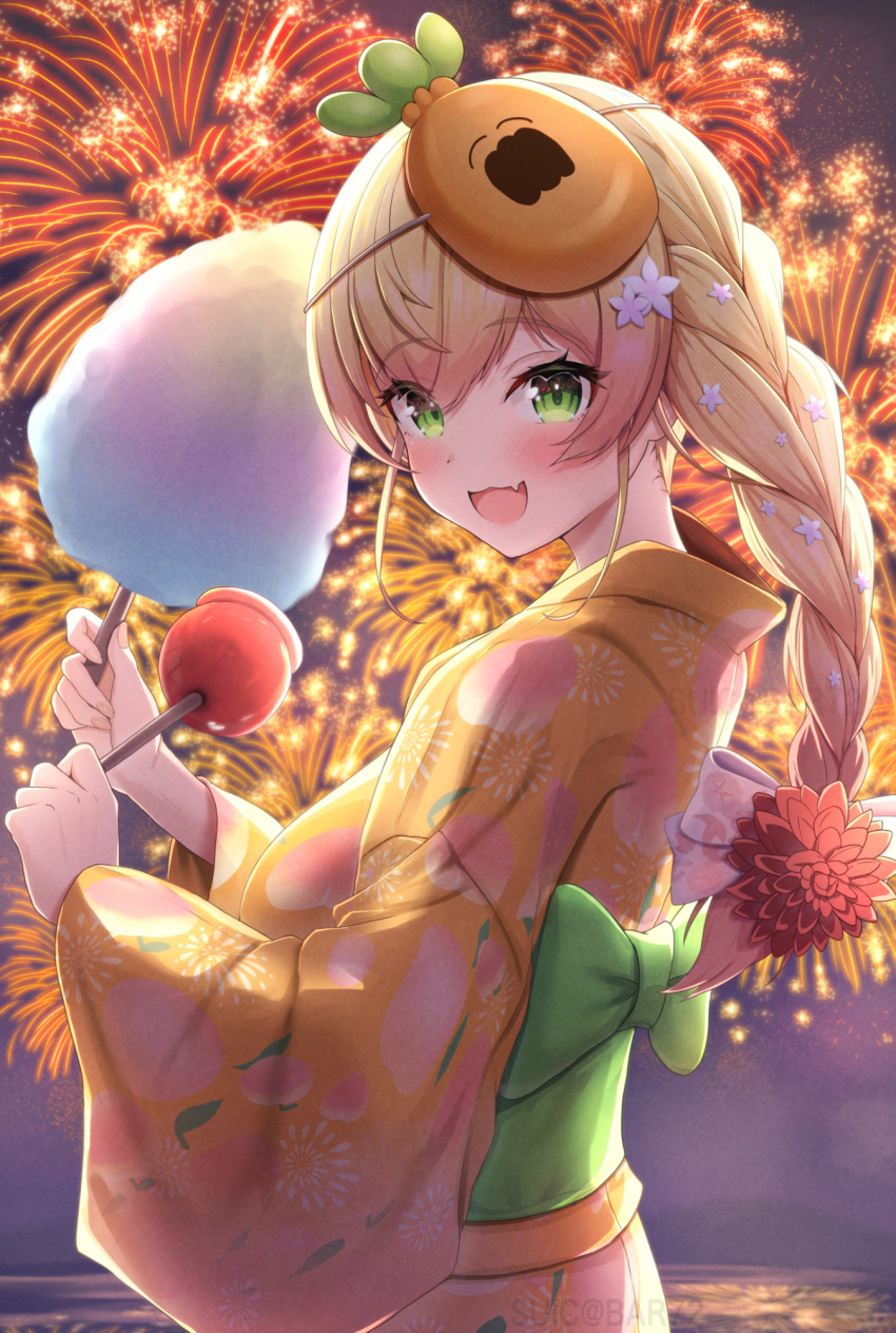 1girl :d aerial_fireworks alternate_costume alternate_hairstyle blonde_hair blush braid candy_apple character_mask collared_shirt cotton_candy fang fangs fireworks flower food from_side green_eyes hair_flower hair_ornament highres holding holding_food hololive japanese_clothes kimono long_hair looking_at_viewer mask mask_on_head momosuzu_nene nekko_(momosuzu_nene) obi open_clothes open_kimono open_mouth peach_print print_kimono sash shirt skin_fang smile solo suicabar72 summer_festival virtual_youtuber yukata