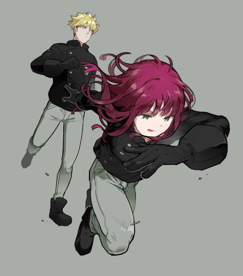 1boy 1girl :p alternate_costume ankle_boots black_footwear black_gloves black_jacket blonde_hair boots breasts charging_forward dutch_angle floating_hair full_body gloves green_eyes grey_background grey_pants hand_up highres jacket kageura_squad's_uniform katori_youko kzmsnmjkk long_hair long_sleeves looking_ahead outstretched_arm pants purple_hair short_hair sideburns sideways_glance simple_background suwa_koutarou tongue tongue_out uniform world_trigger