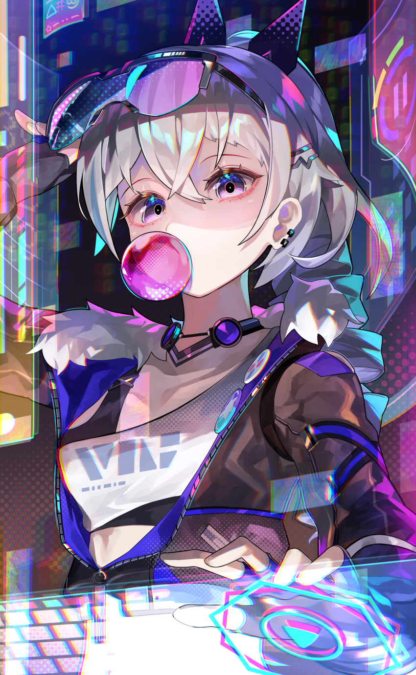 1girl absurdres badge black_gloves black_jacket bubble_blowing button_badge chewing_gum chromatic_aberration costume_request cropped_jacket drill_hair earrings english_commentary fingerless_gloves gloves goggles goggles_on_head grey_hair hair_ornament hairpin highres hiro_(yoshi_chan) honkai:_star_rail honkai_(series) jacket jewelry silver_wolf_(honkai:_star_rail) solo upper_body violet_eyes