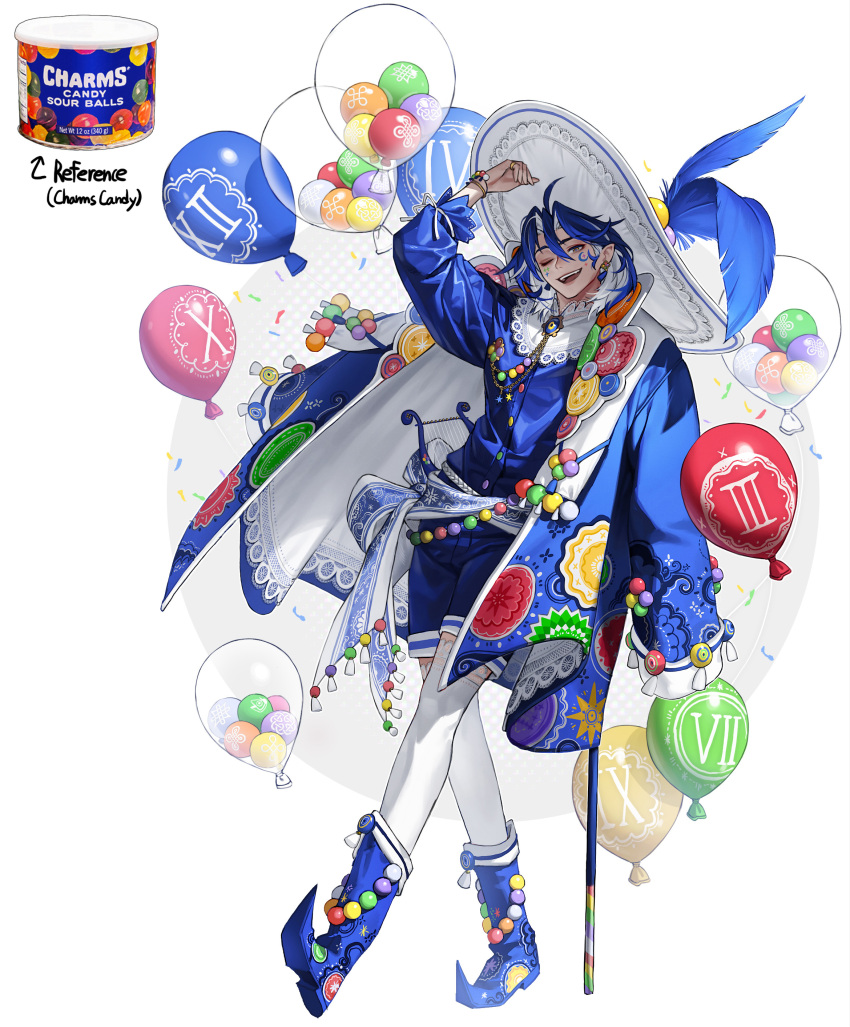 1boy absurdres arm_up balloon belt blue_coat blue_feathers blue_footwear blue_hair blue_shirt blue_shorts boots candy coat earrings feathers food full_body harp hat hat_feather highres instrument jewelry long_sleeves one_eye_closed original personification print_coat rinotuna shadow shirt shorts solo standing thigh-highs white_thighhighs wide_brim