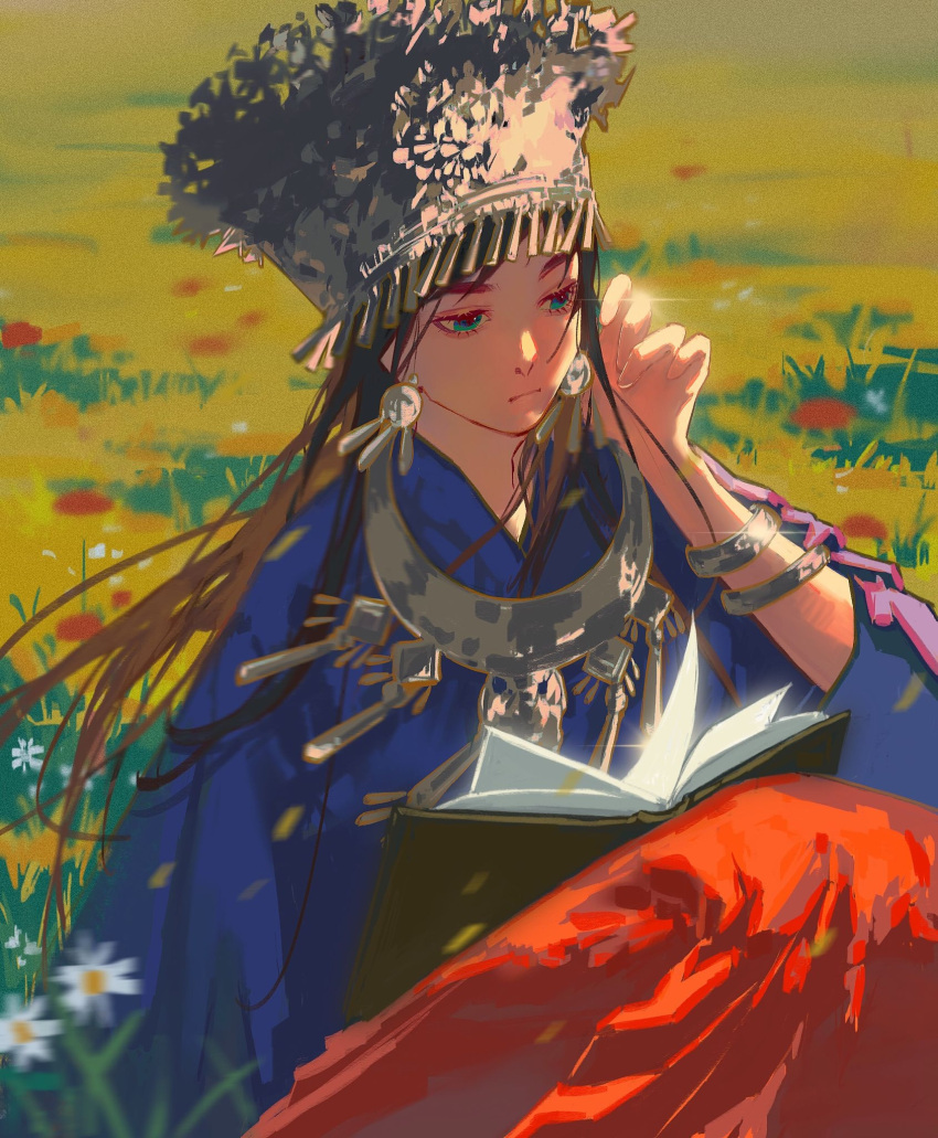 1girl adjusting_hair blue_eyes blue_shirt book bracelet brown_hair chen_duo day earrings field floating_hair flower flower_field fuyougantang glint hand_up hat highres jewelry long_hair long_sleeves looking_ahead miao_clothes miao_hat motion_blur nature necklace open_book outdoors procreate_(medium) red_skirt shirt sitting skirt solo white_flower wind yiren_zhixia