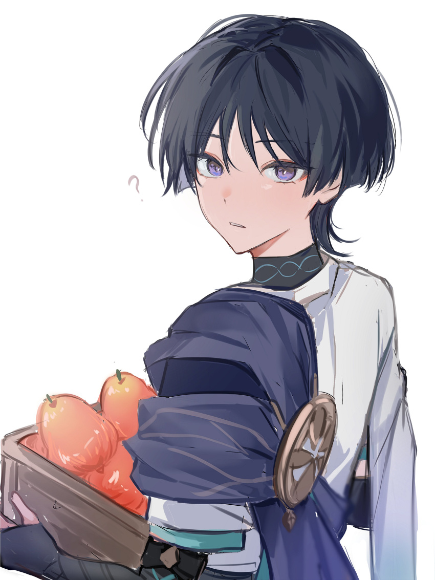 1boy ? absurdres armor black_hair food fruit genshin_impact hair_between_eyes highres holding japanese_armor japanese_clothes kote kurokote looking_at_viewer male_focus mnce_o parted_lips scaramouche_(genshin_impact) simple_background solo sunsettia_(genshin_impact) upper_body violet_eyes wanderer_(genshin_impact) white_background wispy_bangs