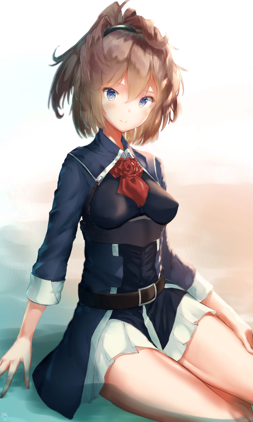 1girl absurdres ascot belt blue_eyes brown_hair dated flower highres kantai_collection long_hair looking_at_viewer messy_hair military_uniform pleated_skirt red_ascot red_flower red_rose rose shanghmely sheffield_(kancolle) signature sitting skirt smile solo uniform white_skirt