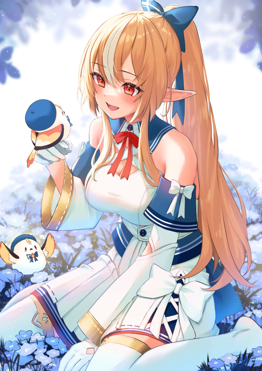 1girl absurdres bird blonde_hair dark_skin dress elfriend_(shiranui_flare) gloves highres hololive multicolored_hair neck_ribbon nisi_ki_no open_mouth pointy_ears ponytail red_eyes red_ribbon ribbon shiranui_flare shiranui_flare_(1st_costume) sitting smile solo streaked_hair thigh-highs wariza white_dress white_gloves white_hair