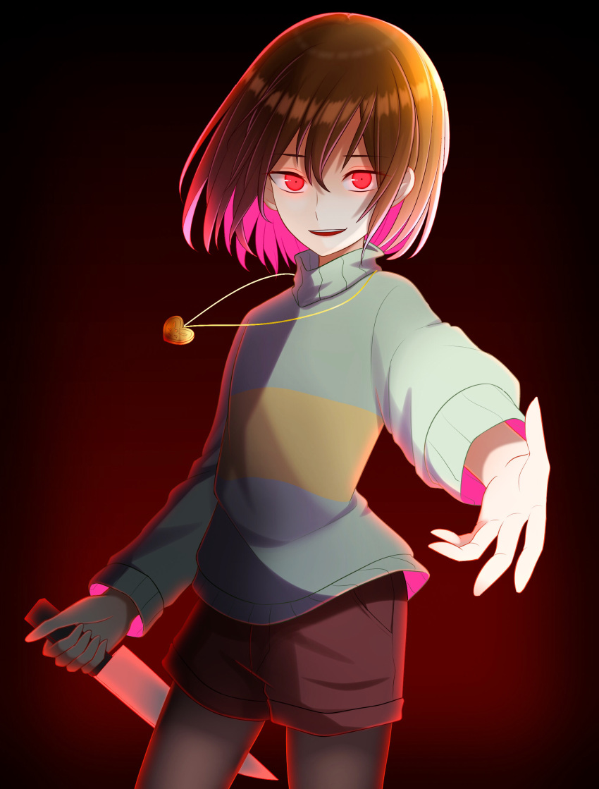 1other absurdres androgynous backlighting black_background black_pantyhose bob_cut brown_hair brown_shorts chara_(undertale) colored_inner_hair commentary constricted_pupils cowboy_shot floating_hair floating_neckwear foreshortening glowing glowing_eyes gold_necklace gradient_background green_sweater hair_between_eyes heart heart_necklace highres holding holding_knife holding_weapon jewelry kitchen_knife knife locket long_sleeves looking_at_viewer multicolored_hair necklace pantyhose parted_lips pendant pink_hair reaching reaching_towards_viewer red_background red_eyes short_hair shorts single_horizontal_stripe smile solo standing sweater teeth turtleneck turtleneck_sweater two-tone_hair undertale upper_teeth_only weapon yandere yuupontan.