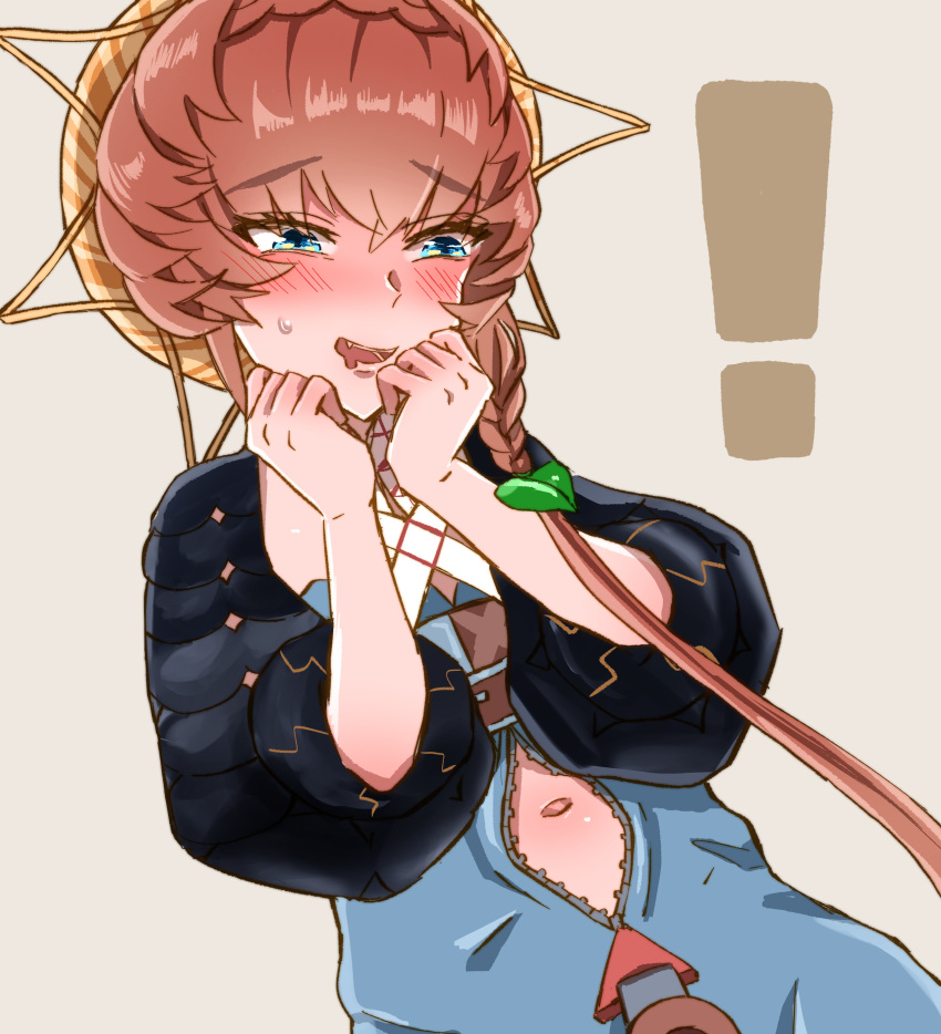 ! 1girl absurdres belt black_sleeves blue_eyes blue_overalls blush braid brown_hair clothing_cutout crown_braid drooling fang fate/grand_order fate_(series) hands_on_own_chin hands_up highres looking_ahead navel navel_cutout orange_headwear overalls puffy_sleeves shimogamo_(shimomo_12) simple_background solo striped striped_headwear sweatdrop upper_body van_gogh_(fate) zipper_pull_tab