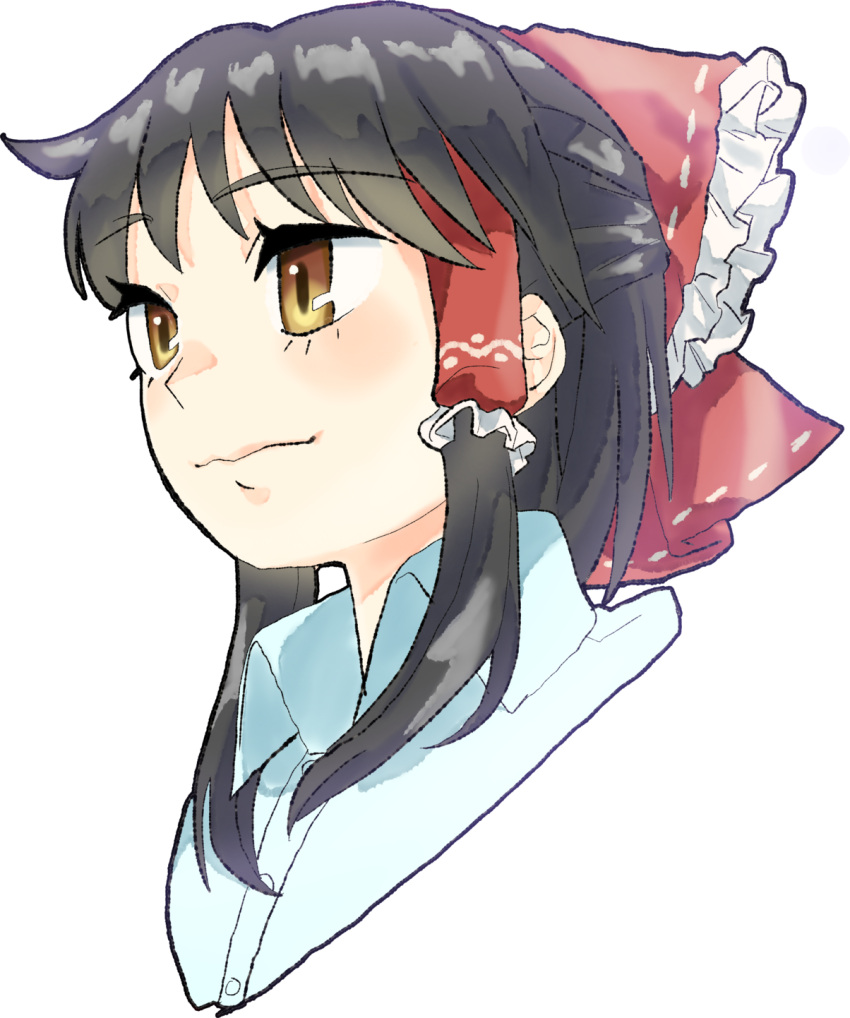 1girl bow brown_eyes closed_mouth collared_shirt commentary_request cookie_(touhou) frilled_hair_tubes frills hair_bow hair_tubes hakurei_reimu highres looking_afar medium_bangs medium_hair portrait red_bow respawn_dead sananana_(cookie) shirt sidelocks simple_background smile solo touhou transparent_background white_shirt