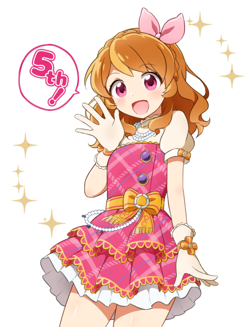 1girl :d aikatsu! aikatsu!_(series) bead_necklace beads blush bow commentary_request cowboy_shot dress frilled_dress frills gloves hand_up highres idol_clothes jewelry long_hair looking_at_viewer mijumaruko necklace oozora_akari open_mouth orange_hair pink_bow pink_dress pink_eyes puffy_short_sleeves puffy_sleeves short_sleeves smile solo sparkle speech_bubble standing white_background white_gloves