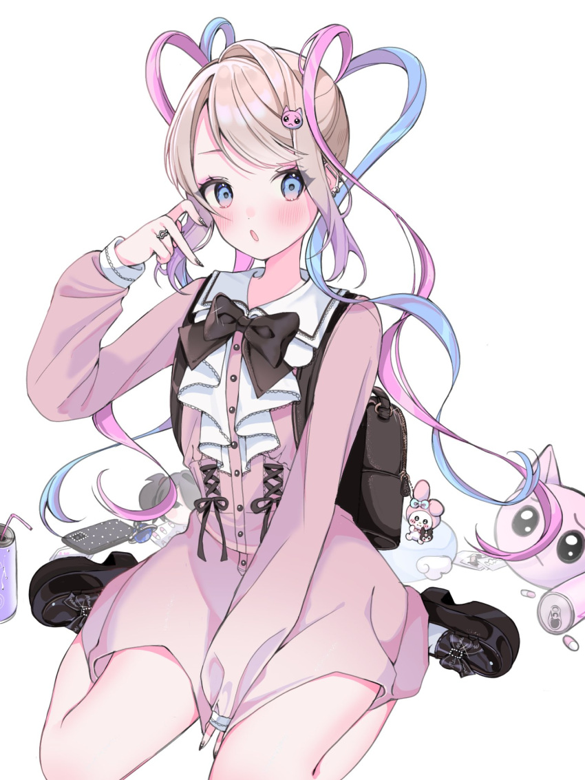 1girl alternate_costume ame-chan_(needy_girl_overdose) backpack bag between_legs black_bag black_bow black_nails blonde_hair blue_eyes blue_hair blush bow can cat_hair_ornament cellphone character_doll chouzetsusaikawa_tenshi-chan collar collared_dress dress emoji full_body hair_ornament hair_twirling hand_between_legs highres jewelry long_hair long_sleeves looking_at_viewer moenaomii_(artist) multicolored_hair my_melody nail_polish needy_girl_overdose onegai_my_melody open_mouth phone pill pink_dress pink_hair platform_footwear pleading_face_emoji quad_tails ring sitting smartphone soda_can solo stuffed_animal stuffed_toy twintails very_long_hair wariza white_background white_collar