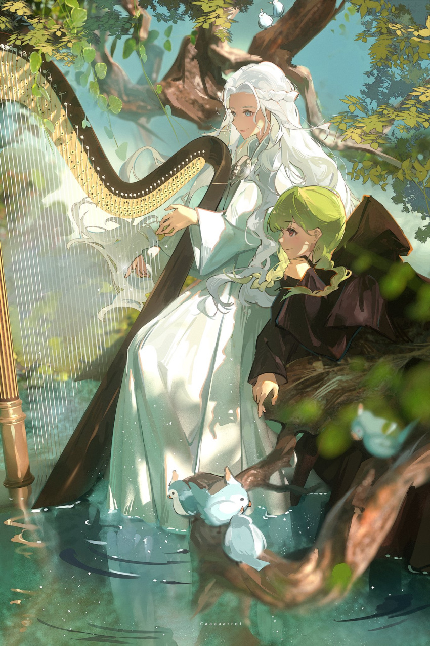2girls artist_name bird black_capelet black_robe blue_eyes blue_sky blurry braid brown_eyes capelet day depth_of_field elbow_rest final_fantasy final_fantasy_xiv floating_hair from_side full_body glint green_hair half_updo harp highres hood hood_down hooded_capelet instrument leaf long_hair long_sleeves low_twin_braids mask mask_around_neck mask_removed medium_hair multiple_girls music outdoors playing_instrument reflection reflective_water ripples robe scenery sideways_mouth single_braid sky smile soaking_feet toto_(caaaaarrot) tree twin_braids venat_(ff14) warrior_of_light_(ff14) water wavy_hair white_capelet white_hair white_robe wide_sleeves