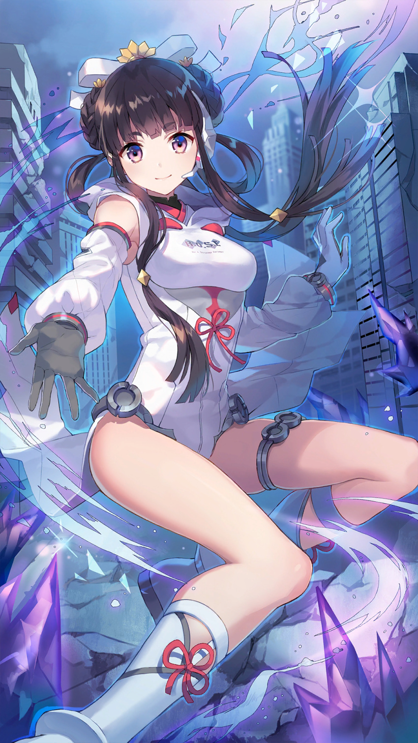 1girl bare_shoulders black_hair blunt_bangs boots braid braided_bun breasts building city closed_mouth crystal detached_sleeves double_bun energy facing_viewer floating_hair foot_out_of_frame girl_cafe_gun gloves grey_gloves hair_bun hair_ribbon hair_rings hands_up headset highres hooded_leotard kikuri_yuki knee_boots leotard long_sleeves looking_at_viewer medium_breasts official_art outstretched_arm outstretched_hand puffy_long_sleeves puffy_sleeves reaching reaching_towards_viewer ribbon rock sidelocks smile solo squatting thigh_strap violet_eyes white_footwear white_leotard white_ribbon white_sleeves