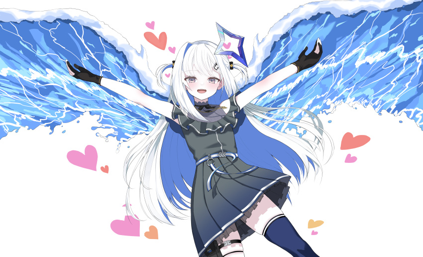 1girl absurdres amane_kanata bare_shoulders belt black_dress black_gloves blue_hair blue_halo blue_thighhighs colored_inner_hair commentary_request dress gloves halo heart highres hololive light_blush liquid_wings long_hair looking_at_viewer multicolored_hair naseul_777 off-shoulder_dress off_shoulder open_mouth outstretched_arms partially_fingerless_gloves pleated_dress single_hair_intake single_thighhigh smile solo star_halo thigh-highs two-tone_hair two_side_up violet_eyes virtual_youtuber white_belt white_hair