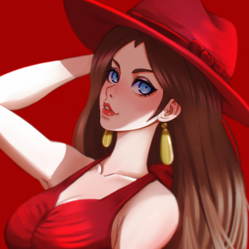 1girl bare_shoulders blue_eyes brown_hair dinalexis dress earrings hand_on_headwear hat highres jewelry lips long_hair looking_at_viewer pauline_(mario) red_background red_dress red_headwear red_lips simple_background sleeveless solo super_mario_bros. upper_body
